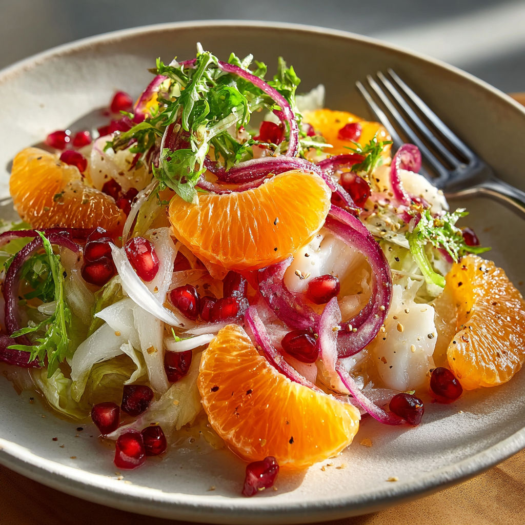 A plate of food with orange slices, onions, and bacon.