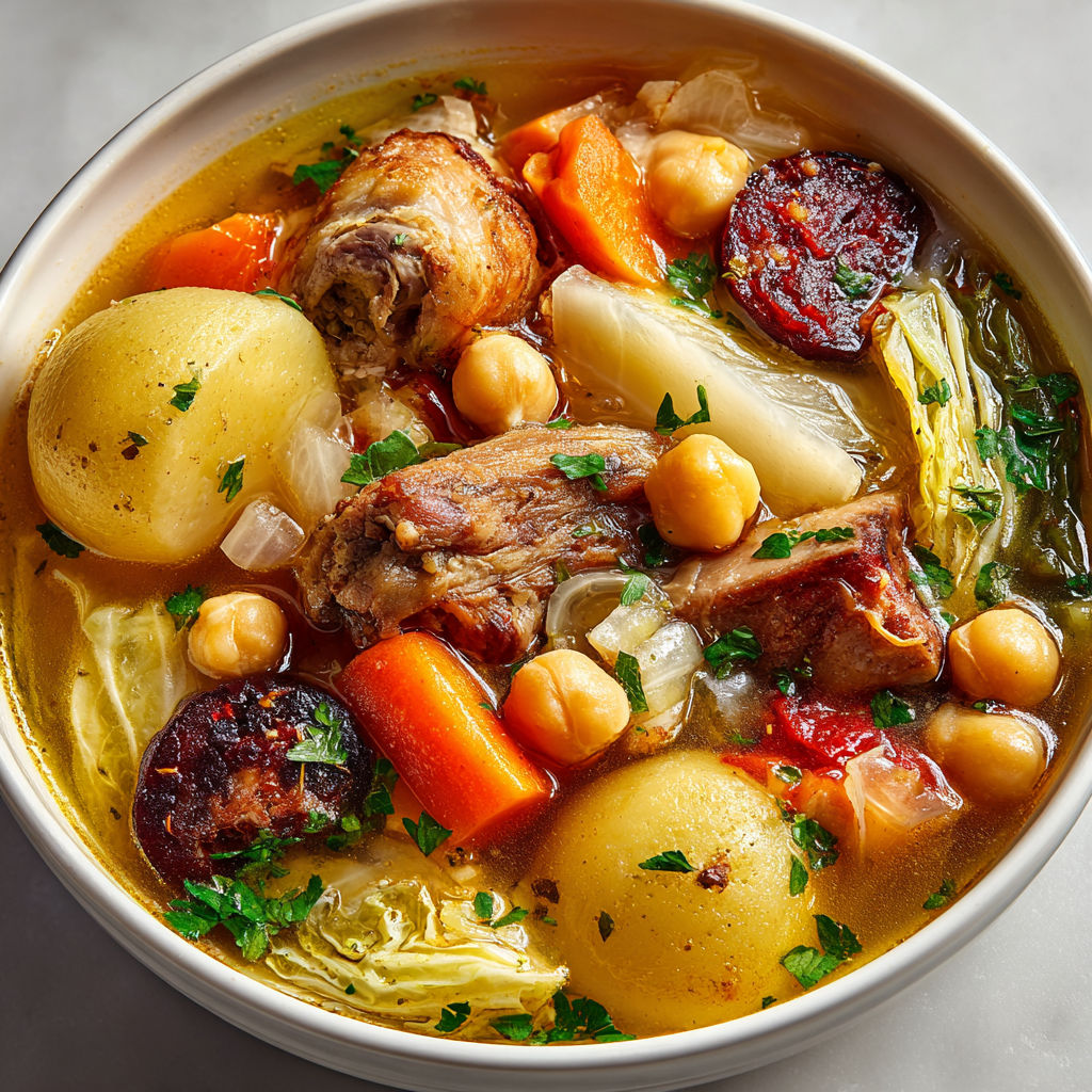 A bowl of soup with various vegetables and meat.