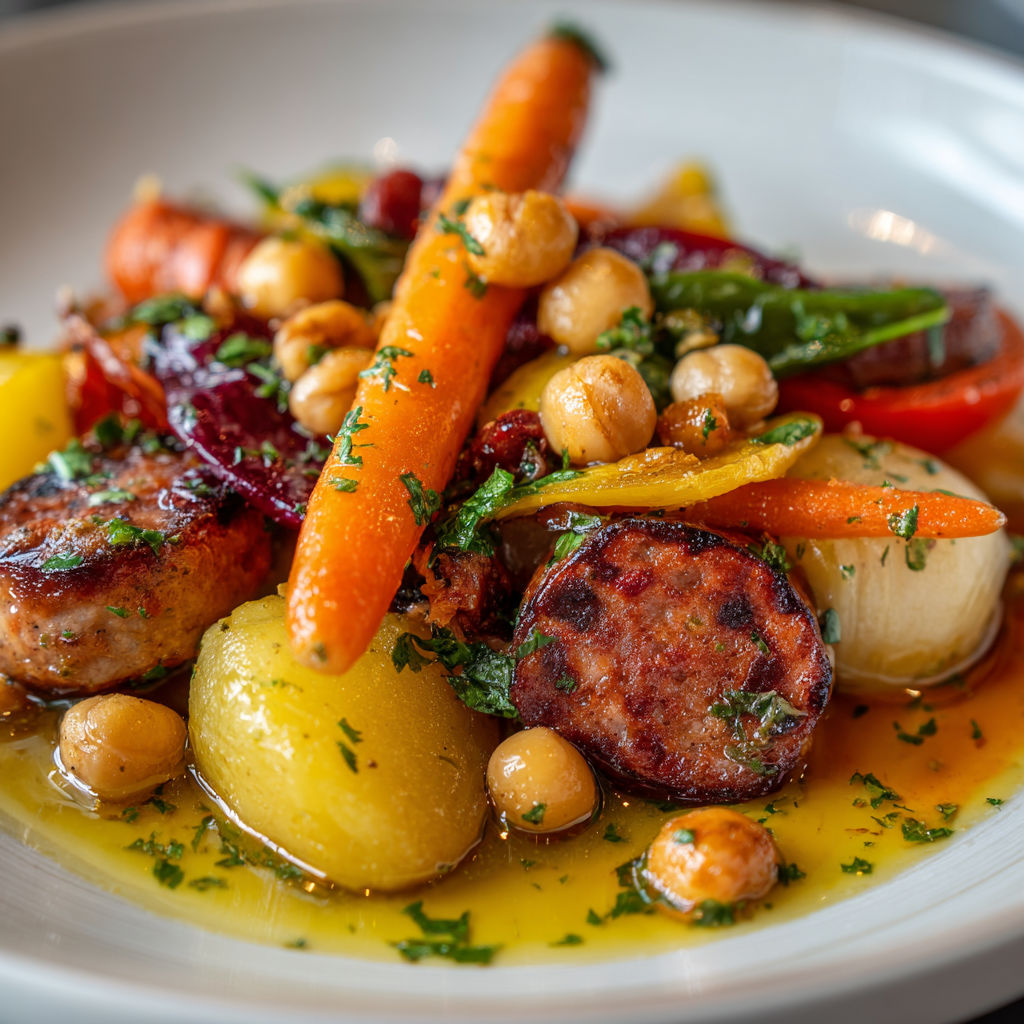 A plate of food with carrots, chickpeas, and other vegetables.