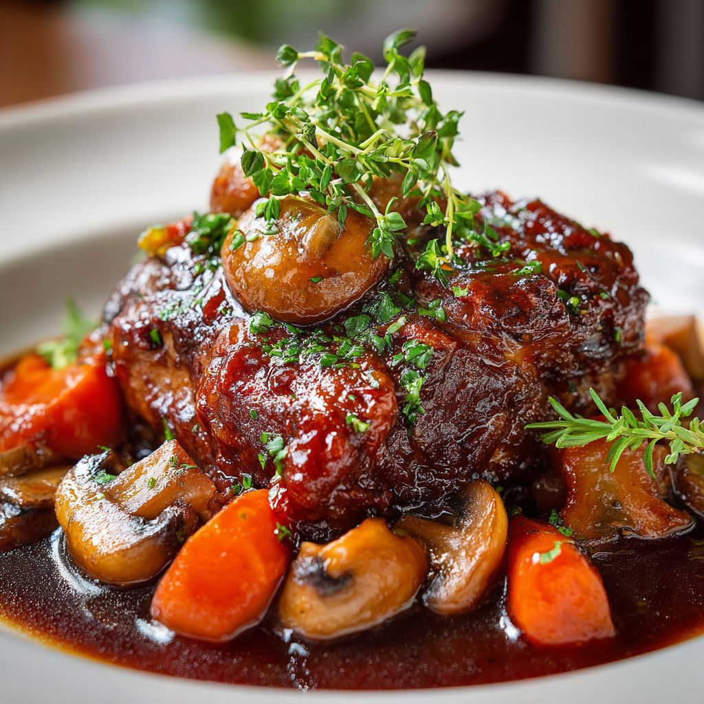 A plate of food with a meat dish and mushrooms.