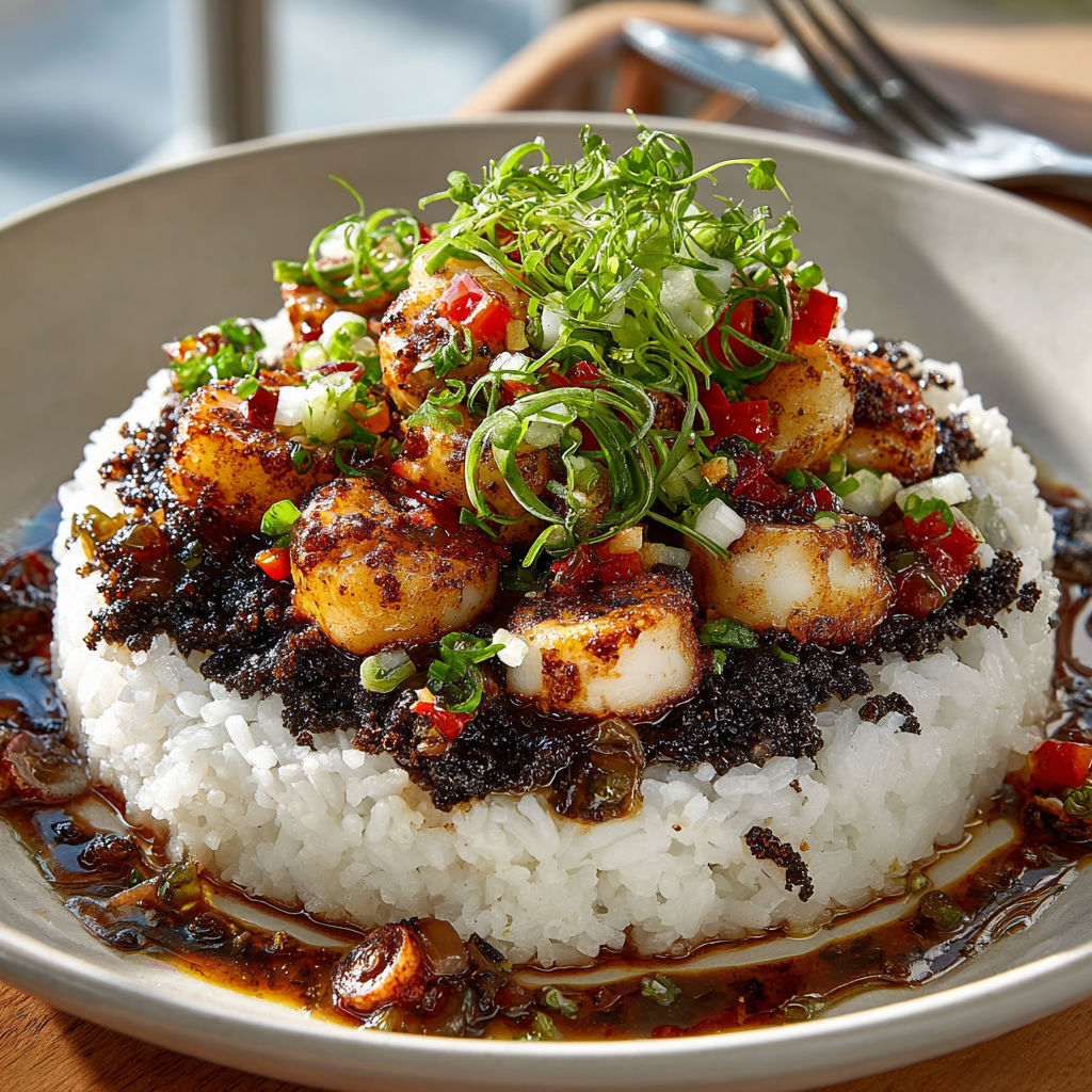 A plate of food with rice and seafood.
