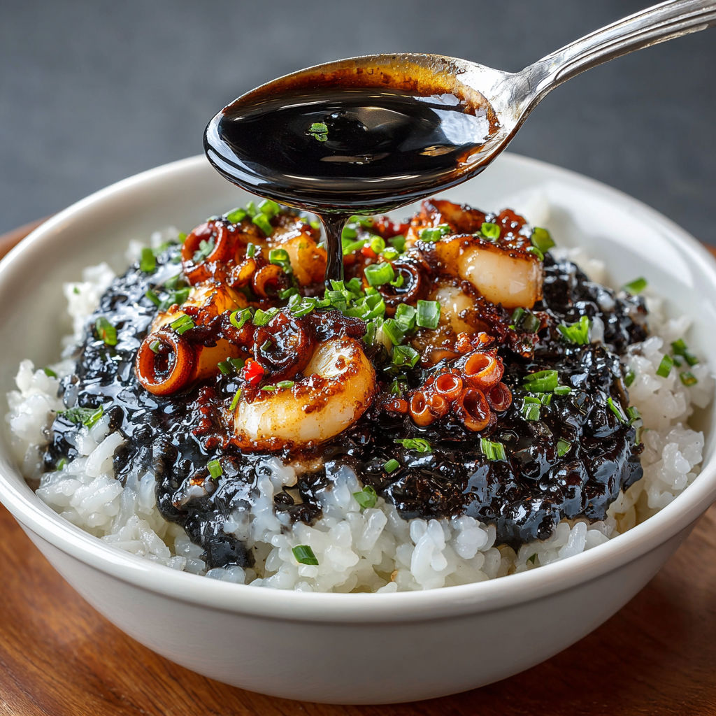 A bowl of rice with black beans and shrimp.