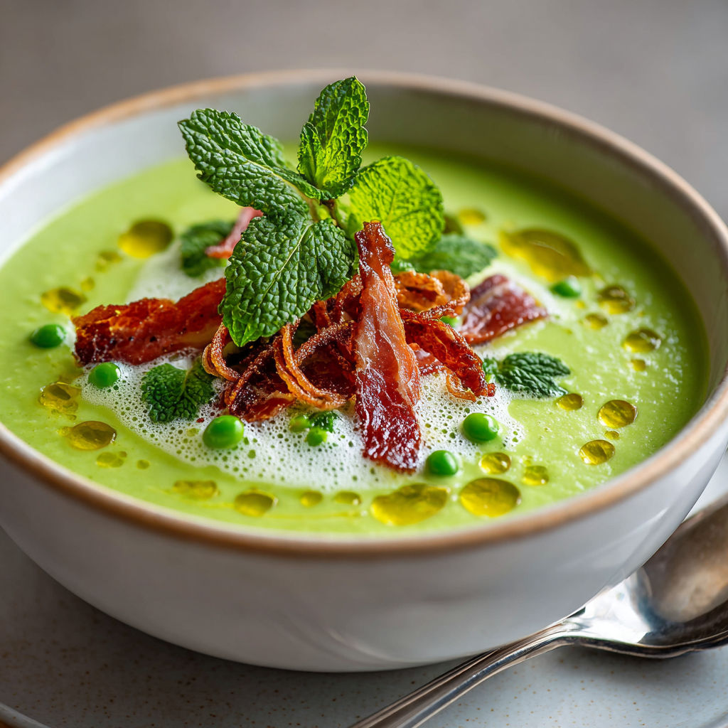A bowl of soup with bacon and mint.