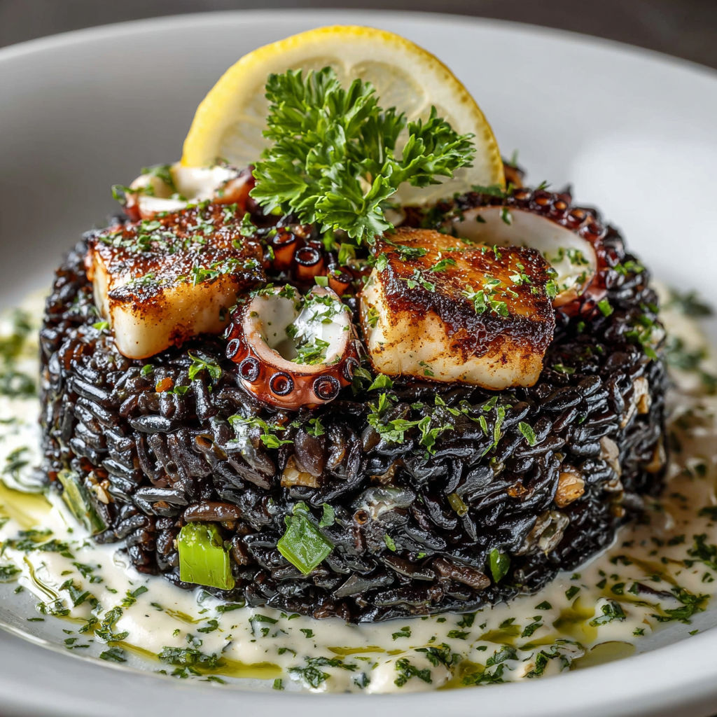 A plate of food with a black rice dish, seafood, and a lemon wedge.