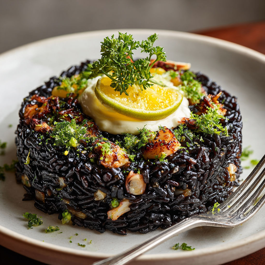 A plate of arroz negro con sepia y alioli de lima.