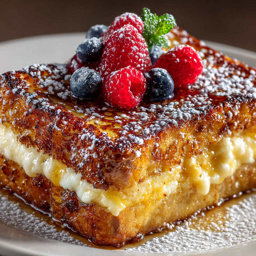A plate of Torrijas de Brioche con Especias Navideñas y Frutos Rojos.