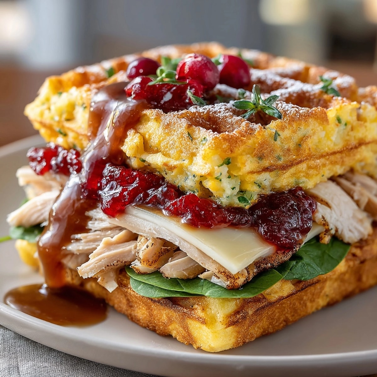 Sandwich de waffle de sobras de Acción de Gracias, repleto de pavo jugoso y salsa de arándanos.