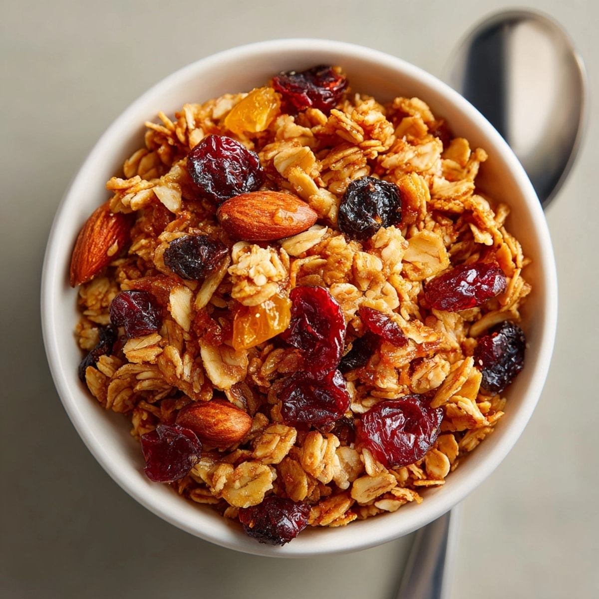 Disfruta un desayuno energético con granola casero saludable, nueces tostadas y toques dulces.