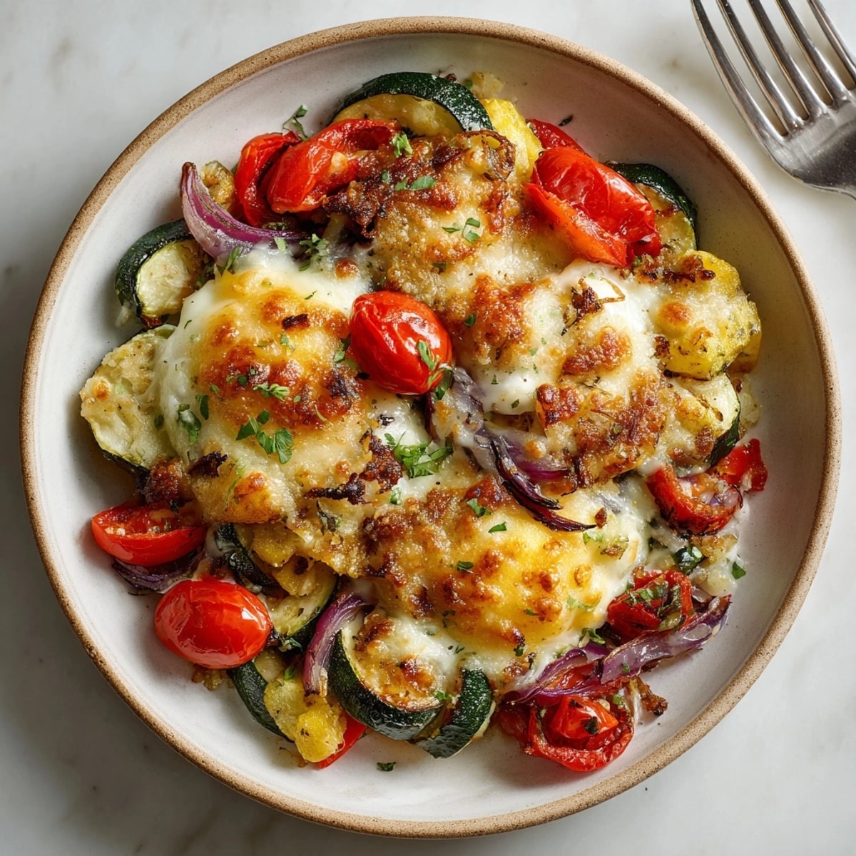 Huevos Españoles al Horno con Verduras, un festín gratinado de colores listo para un almuerzo delicioso.