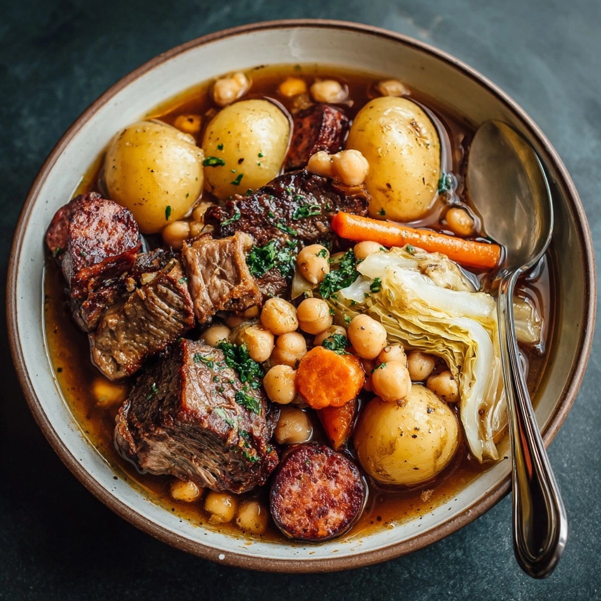 Cocido Madrileño, guiso sustancioso de garbanzos, carnes y verduras, aroma hogareño.
