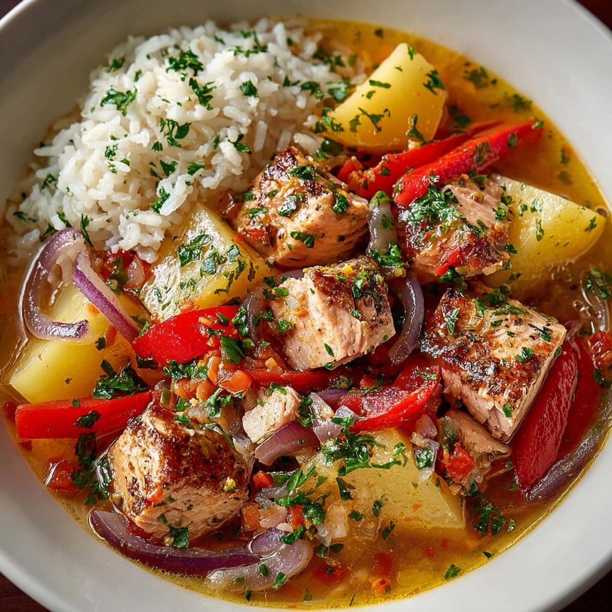 Marmitako: un guiso vasco de atún y patatas humeante, listo para servir con arroz.