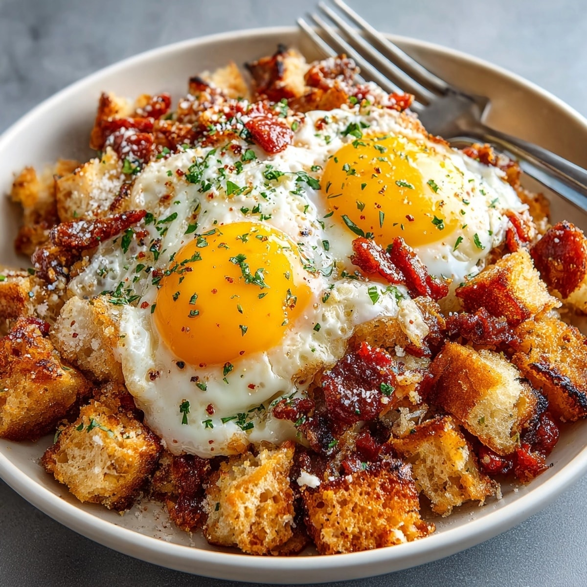 Migas de pastor: Un plato abundante español con crujiente pan, chorizo ahumado y huevo frito.