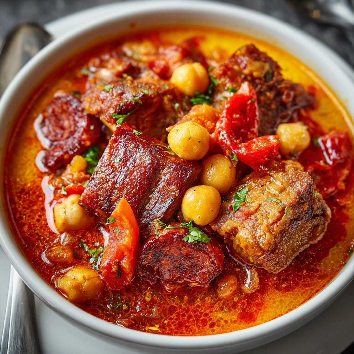 Callos a la Madrileña humeantes en una cazuela de barro, listos para disfrutar en familia.