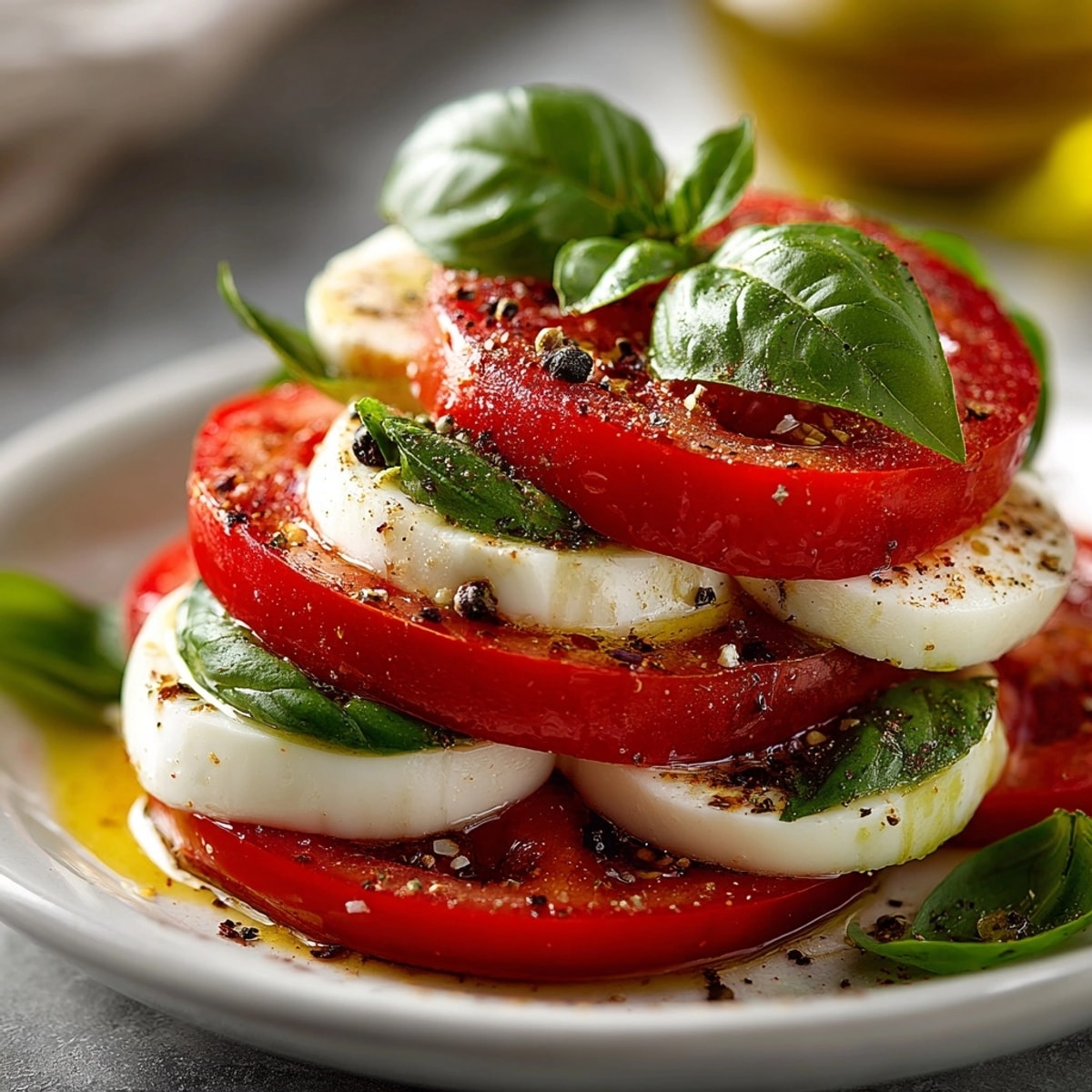 Ensalada Caprese fácil: capas de tomate dulce, mozzarella suave y hojas de albahaca aromática.