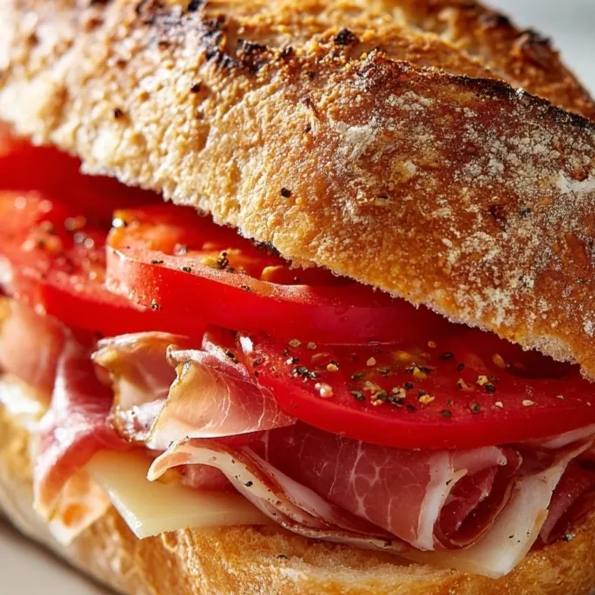 Delicioso sándwich de jamón ibérico con tomate fresco y aceite de oliva virgen extra.