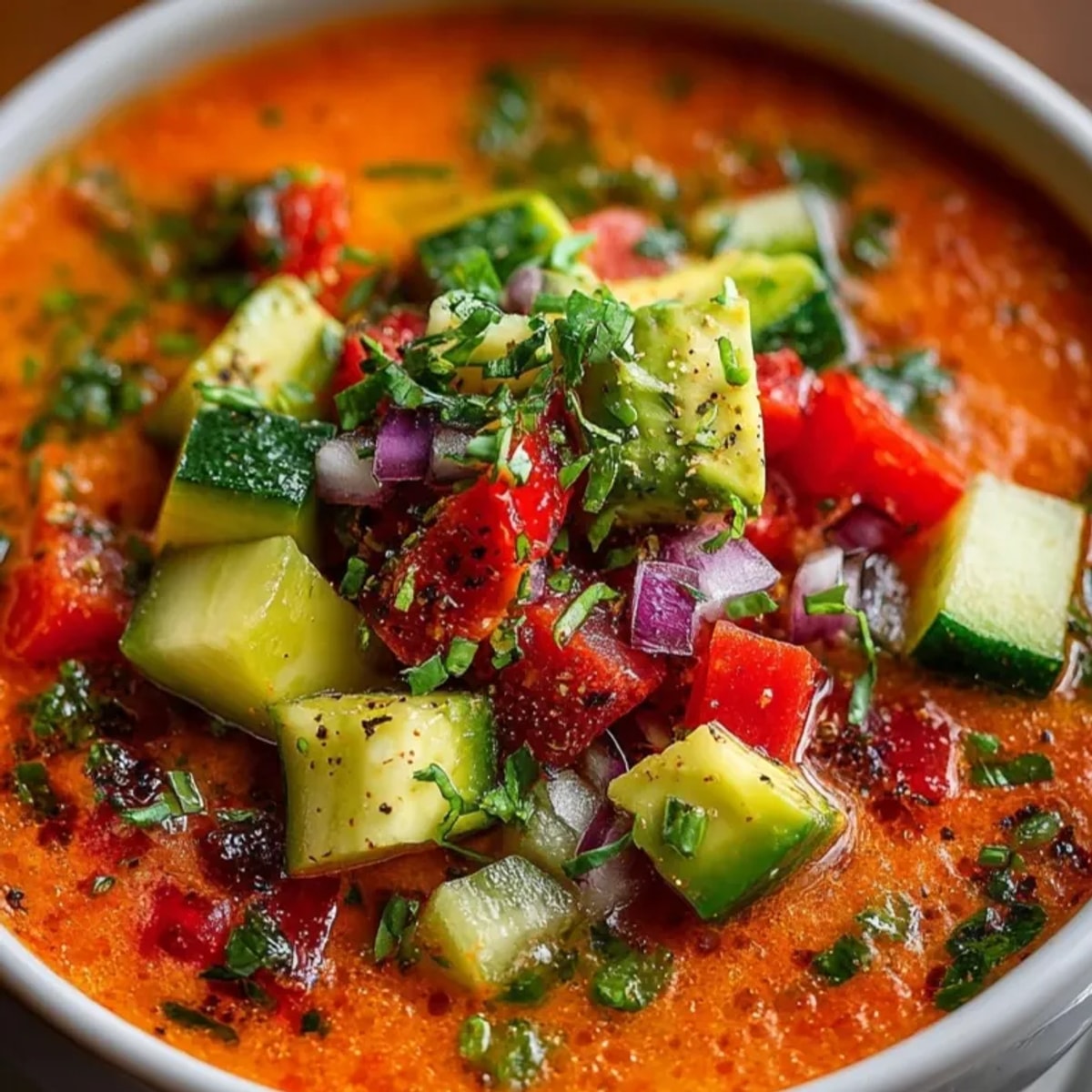 Refrescante Gazpacho Twist: un tazón de sopa fría vegetal con guarniciones vibrantes.