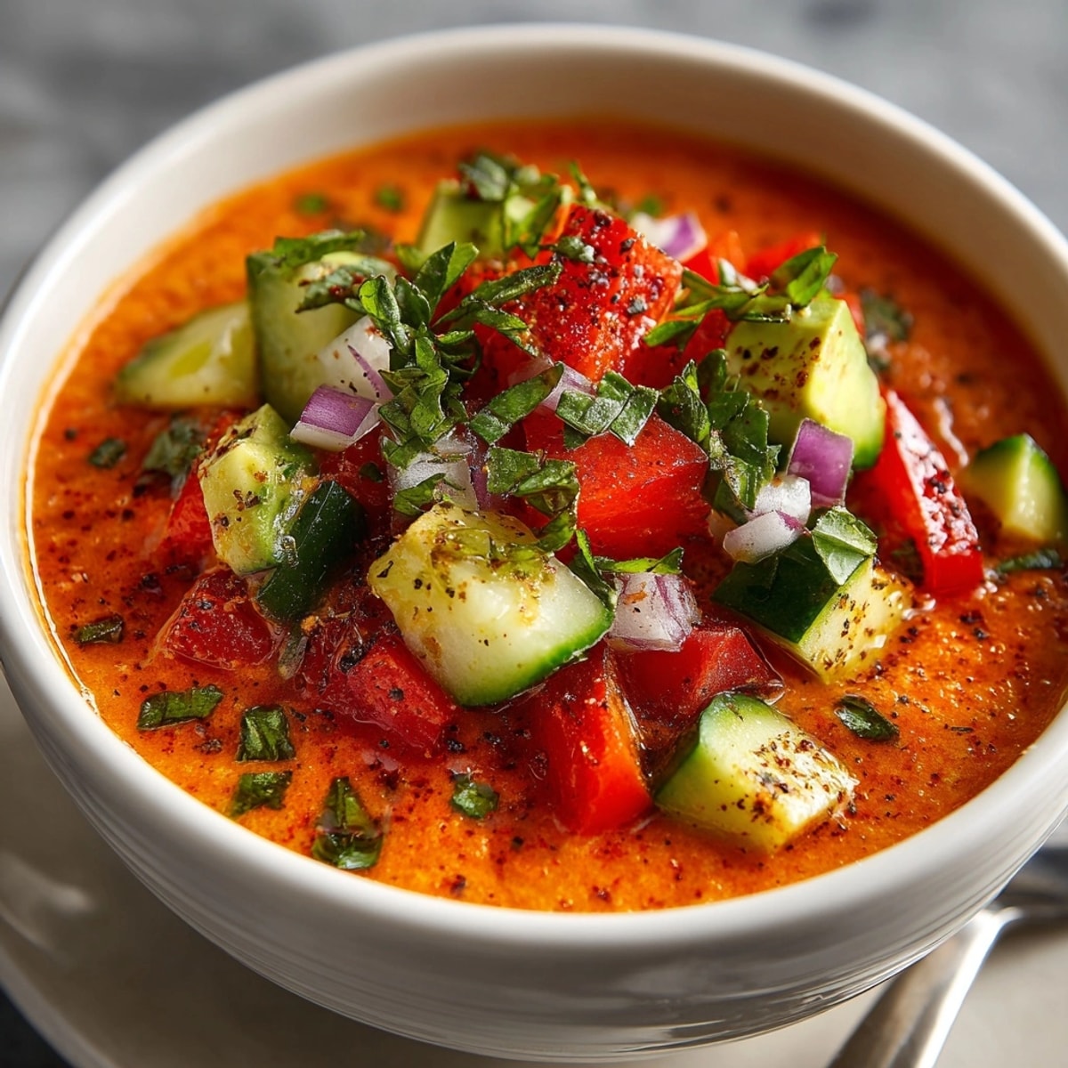 Disfrute del sabor cítrico del fresco Gazpacho Twist español, servido con aguacate.