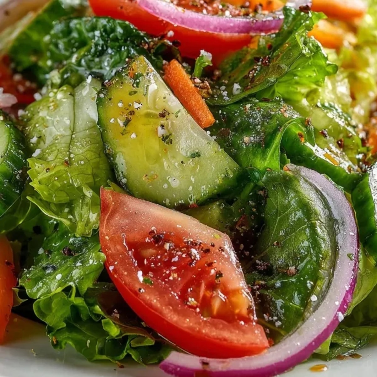 Deliciosa ensalada mixta sencilla en un recipiente, con colores vibrantes y aderezo brillante.