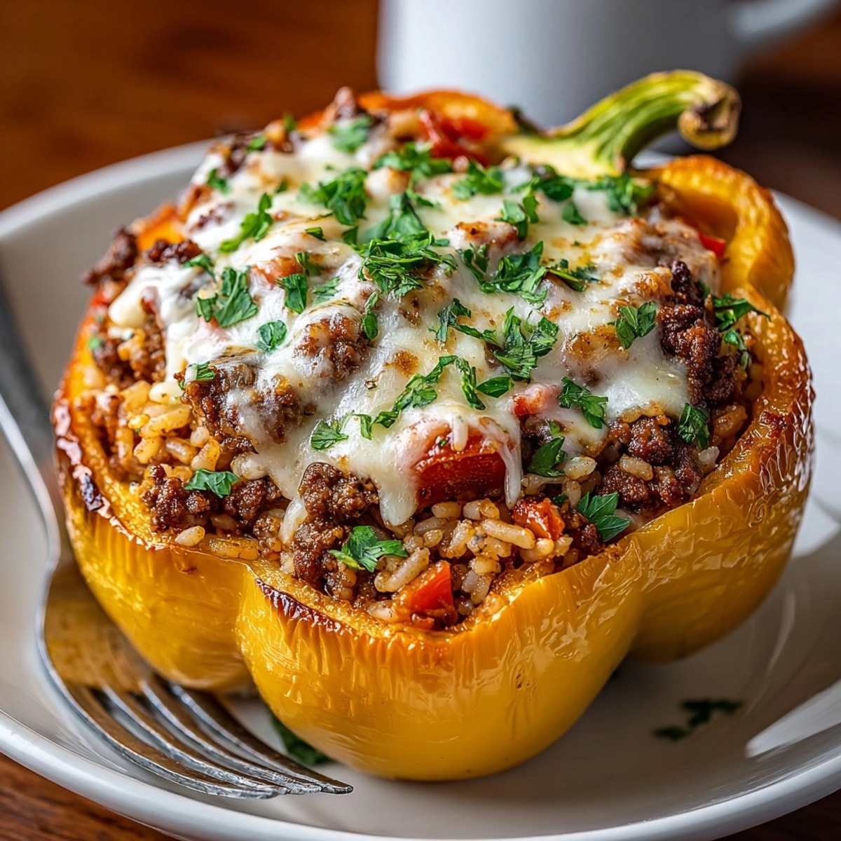 Deliciosos pimientos rellenos al estilo español, horneados hasta la perfección, con una guarnición opcional de perejil.