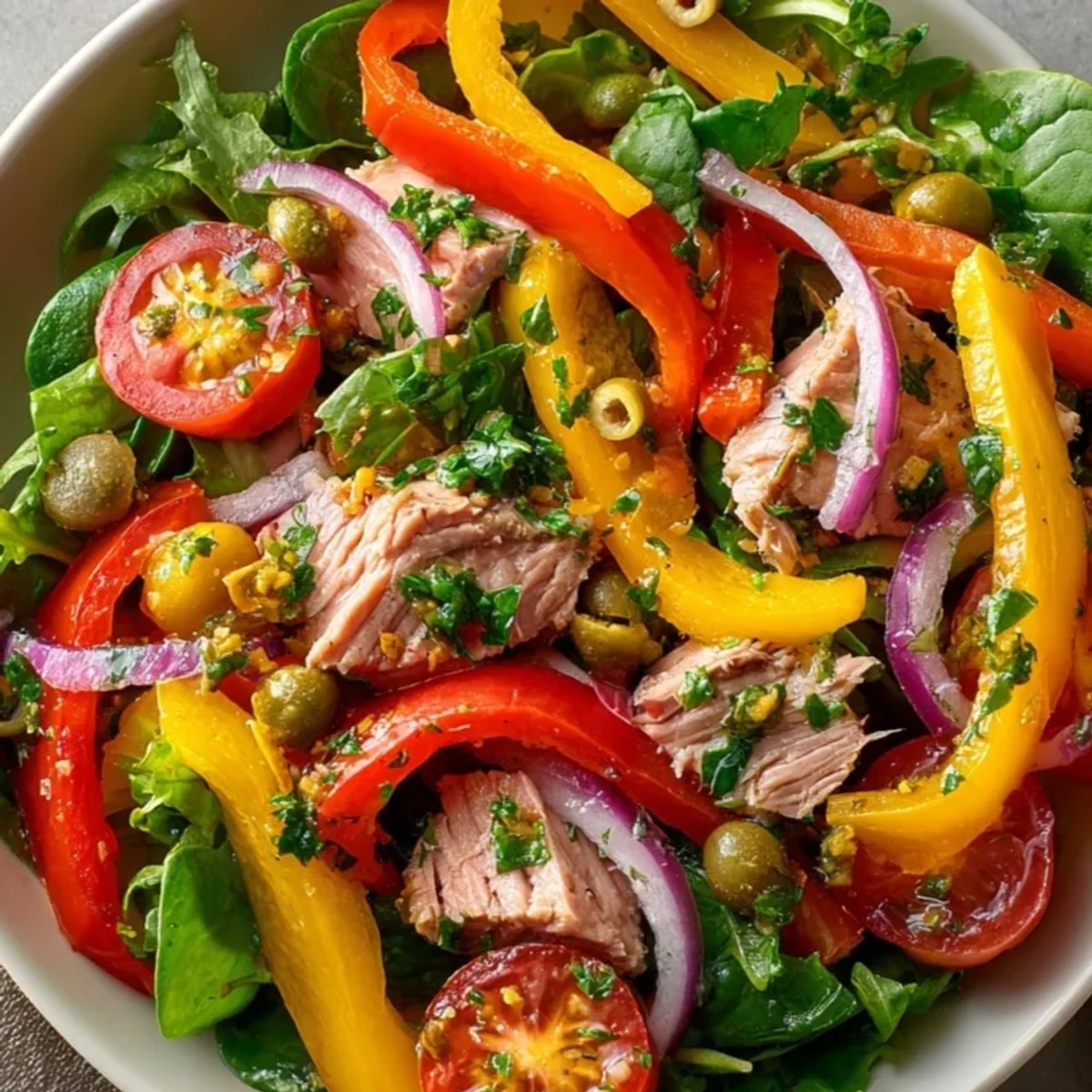 Ensalada de pimientos asados y atún con colores vivos, lista para servir, almuerzo mediterráneo fresco.