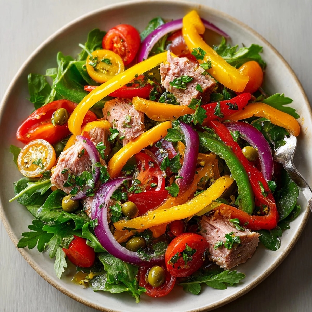 Receta de ensalada de pimientos asados y atún: ligera, saludable, cena rápida con aceitunas y alcaparras.