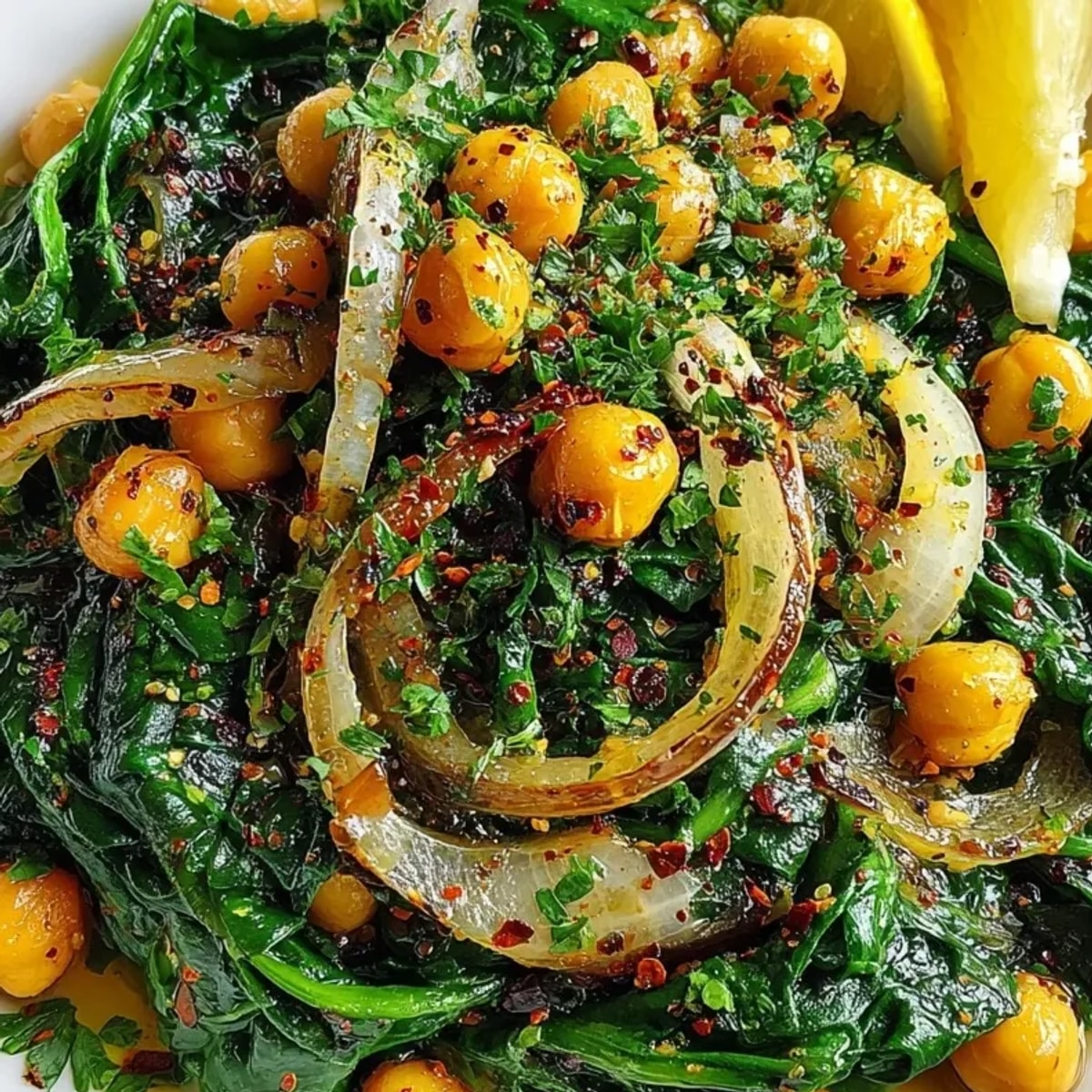 Vista cercana de las tapas de espinacas y garbanzos listas para servir, con perejil fresco.