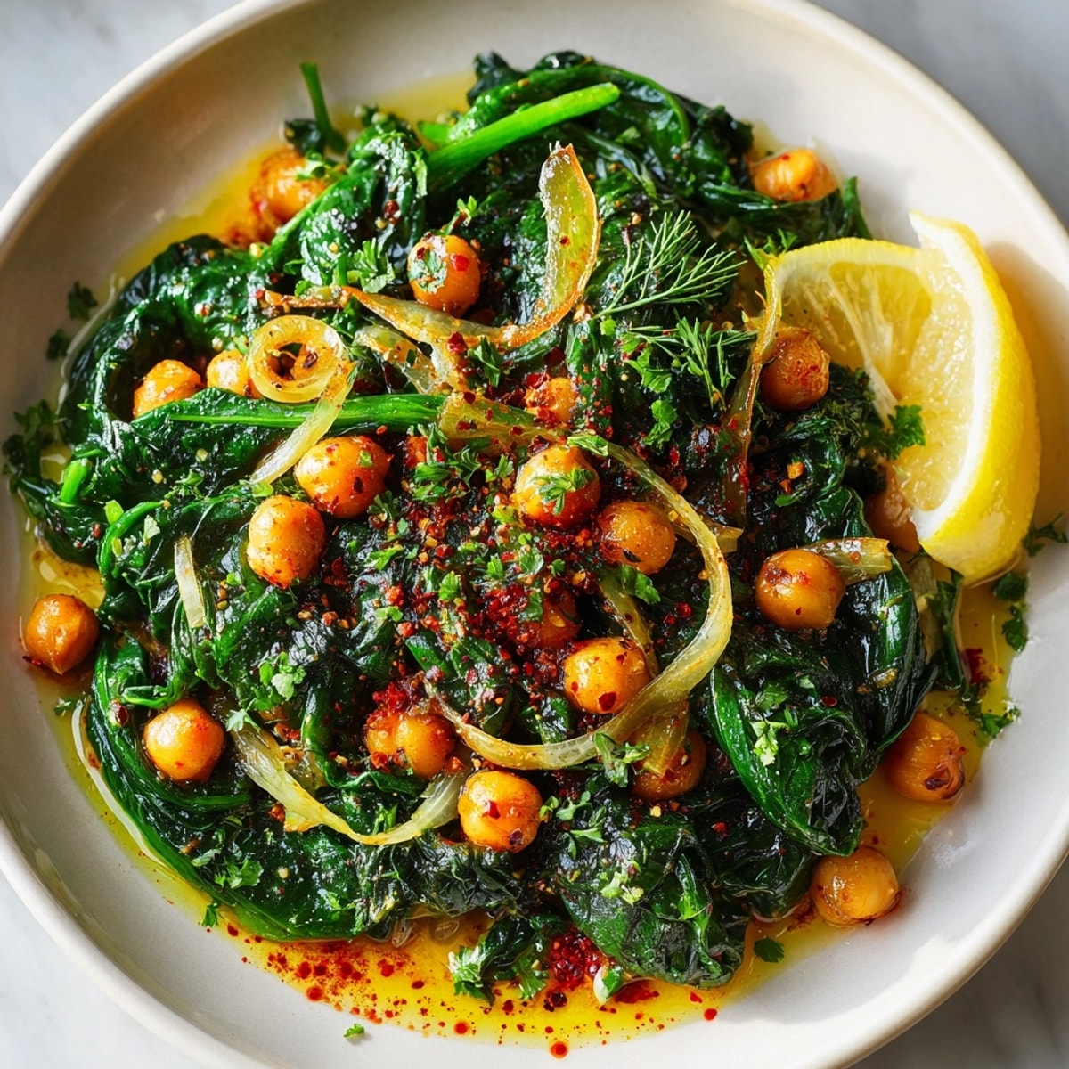 Plato español fácil de tapas de espinacas y garbanzos con aceite de oliva brillante y pimentón ahumado.
