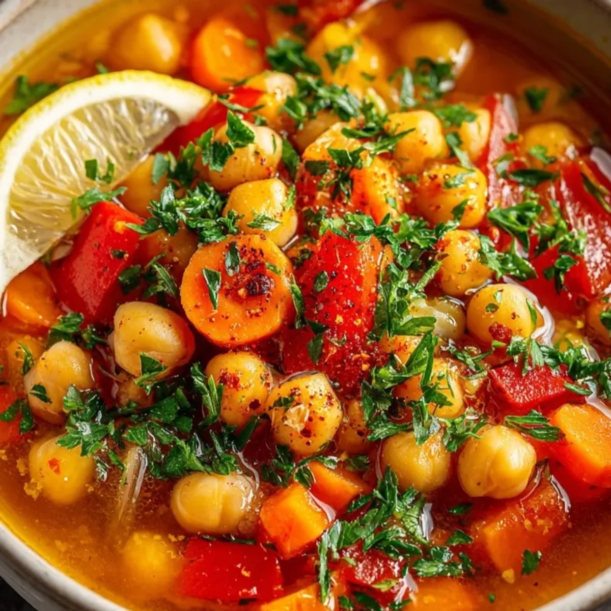 Delicioso estofado español de garbanzos caliente en un tazón, adornado con perejil fresco.