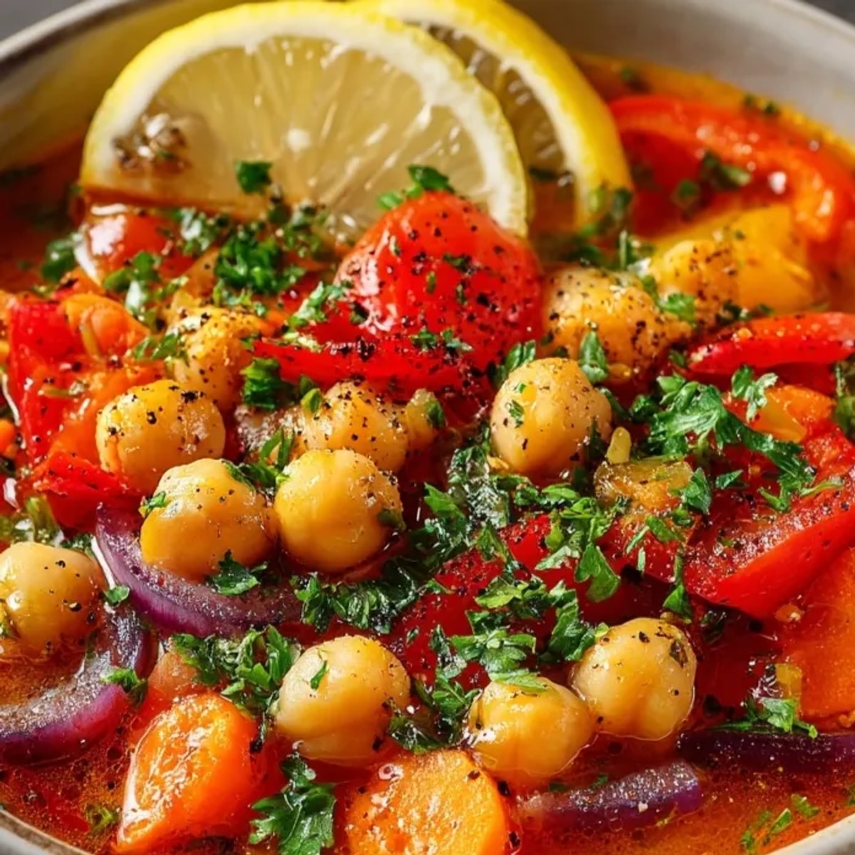 Estofado español de garbanzos vegetariano en un cuenco de cerámica, listo para ser disfrutado con pan.