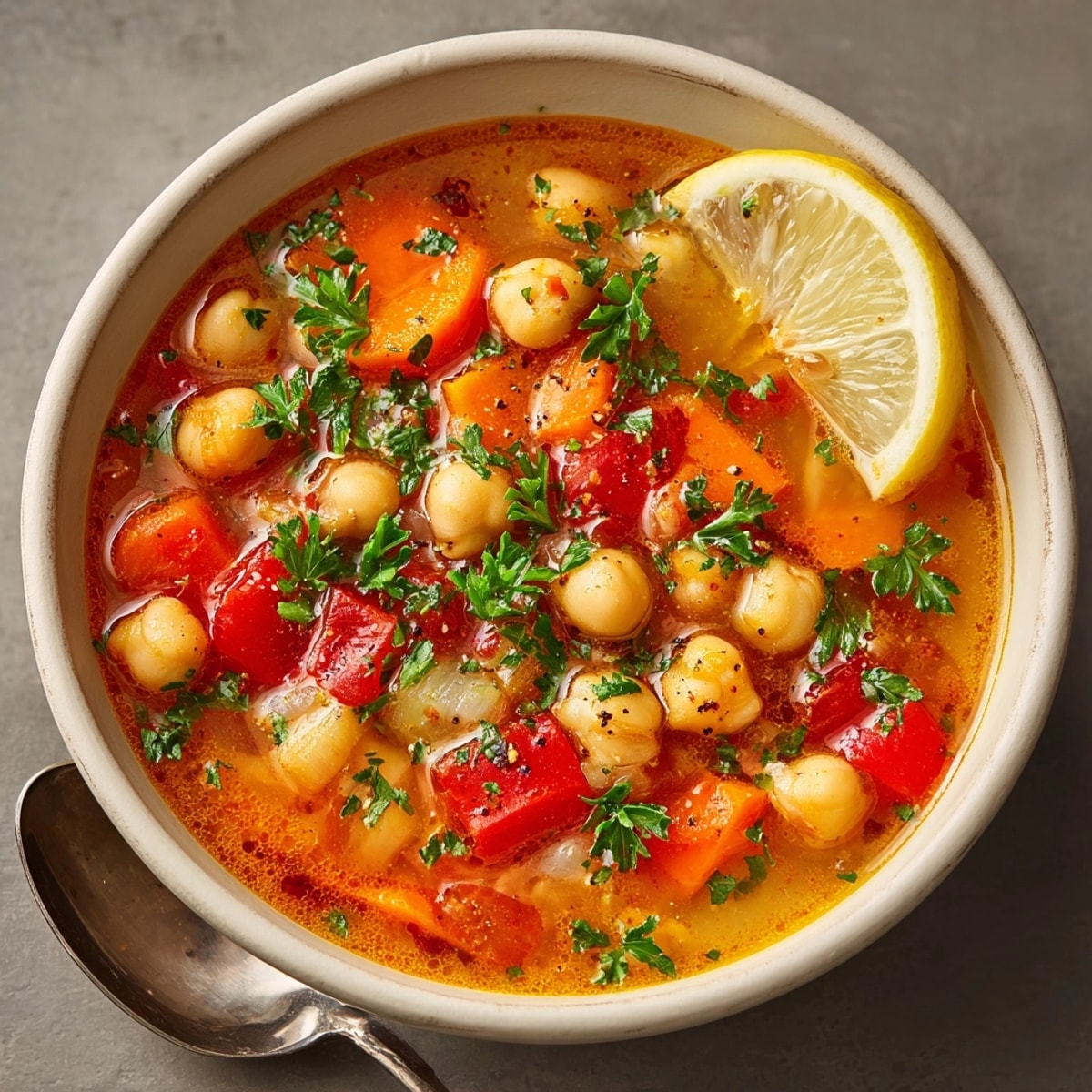 Vista cercana de un aromático estofado español de garbanzos, rico en verduras y especias.