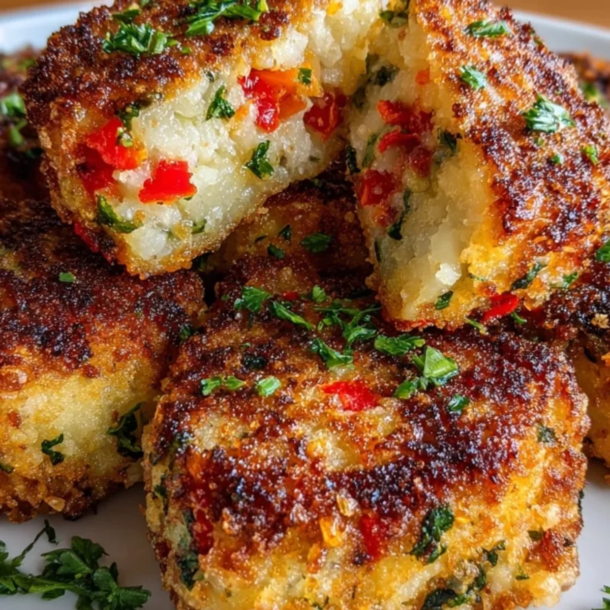 Círculos dorados de tarta de patata española horneados y especiados, listos para comer.