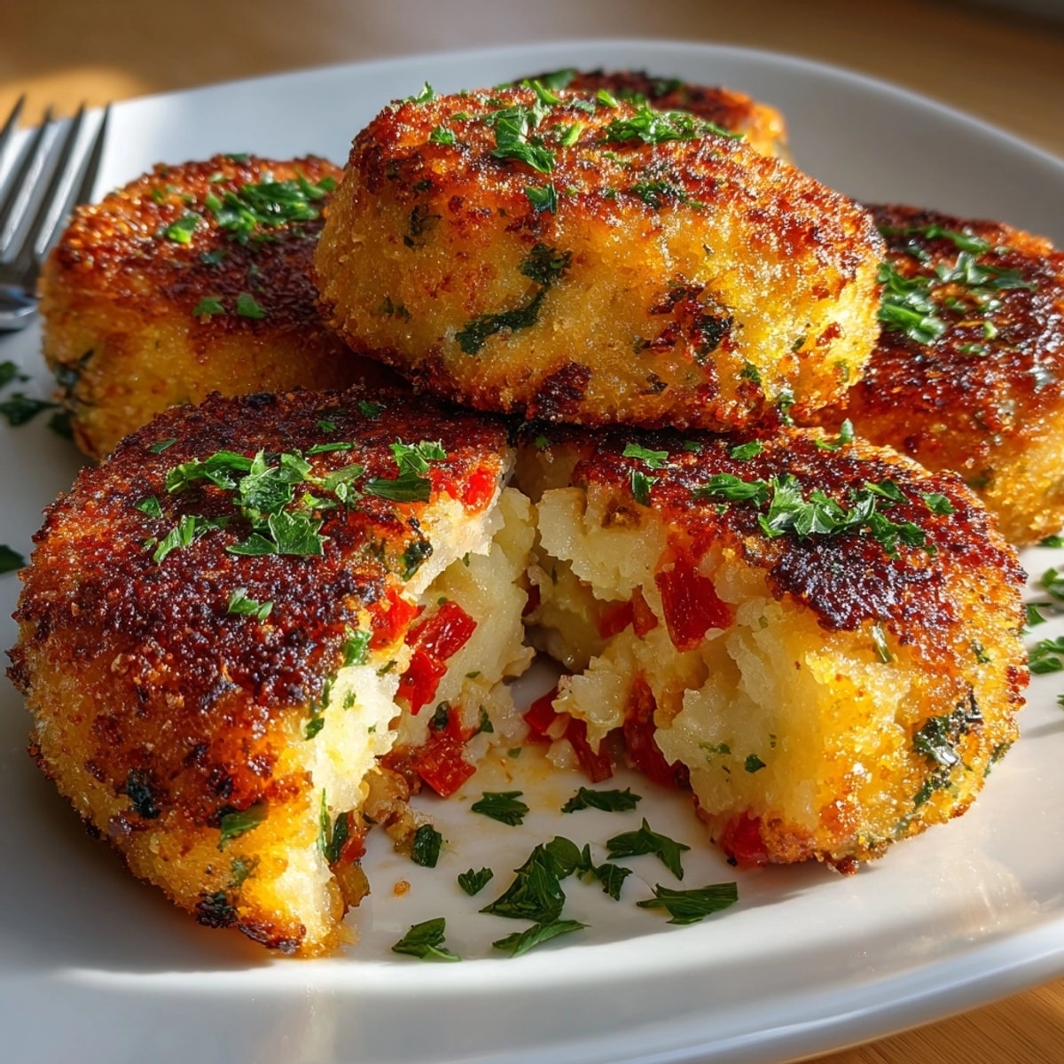 Vista de cerca de una pila de pasteles horneados de patata española, perfectos como guarnición.