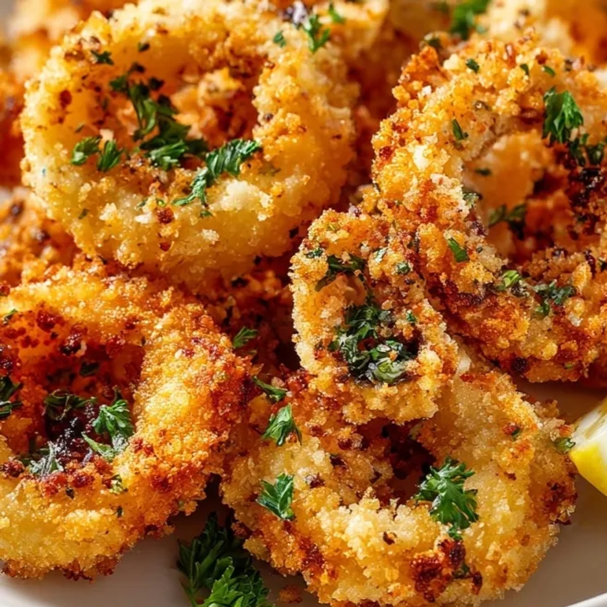 Deliciosos aros de calamares fritos simples, dorados y crujientes, listos para mojar.