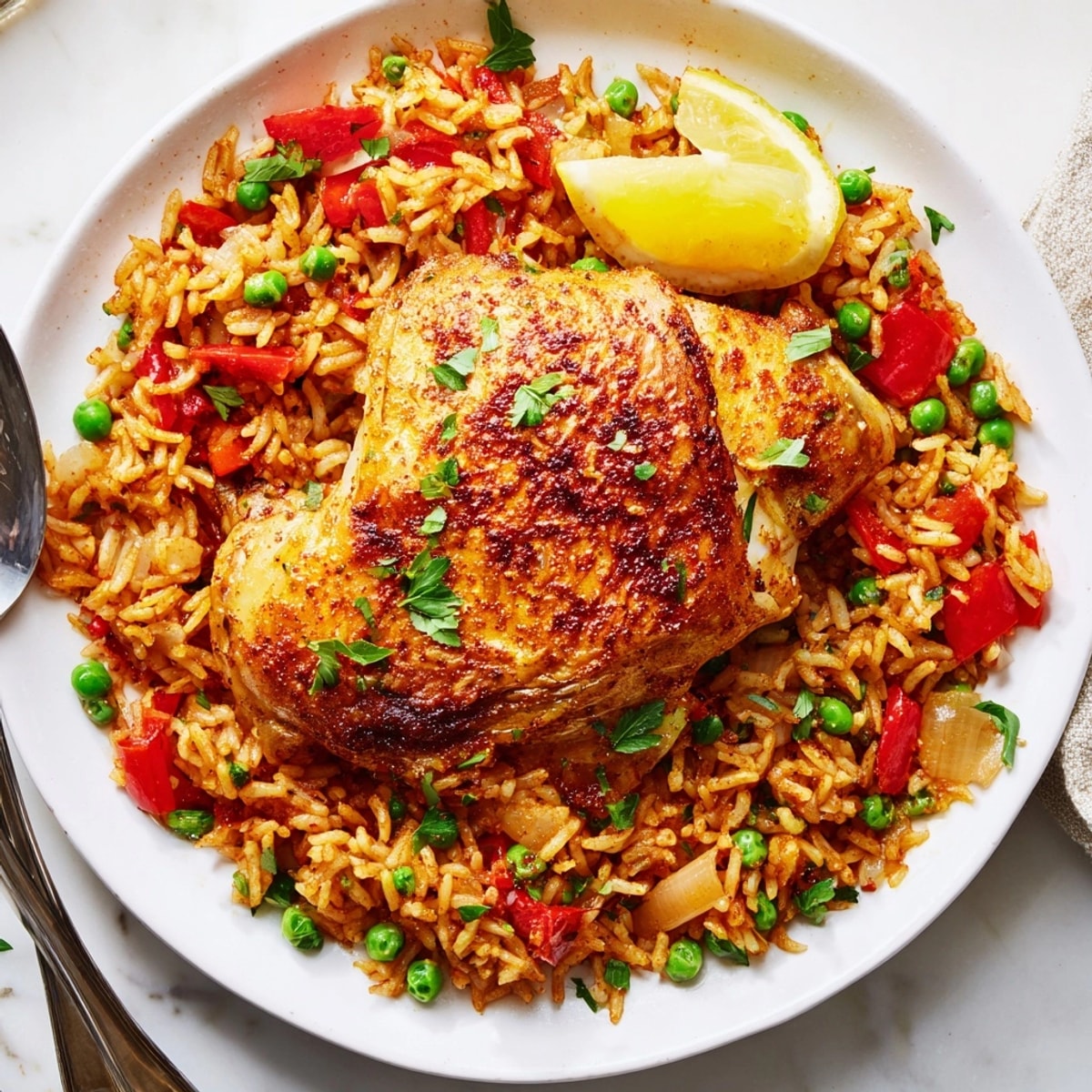 Una sartén con pollo y arroz español dorados, adornado con perejil y limón.