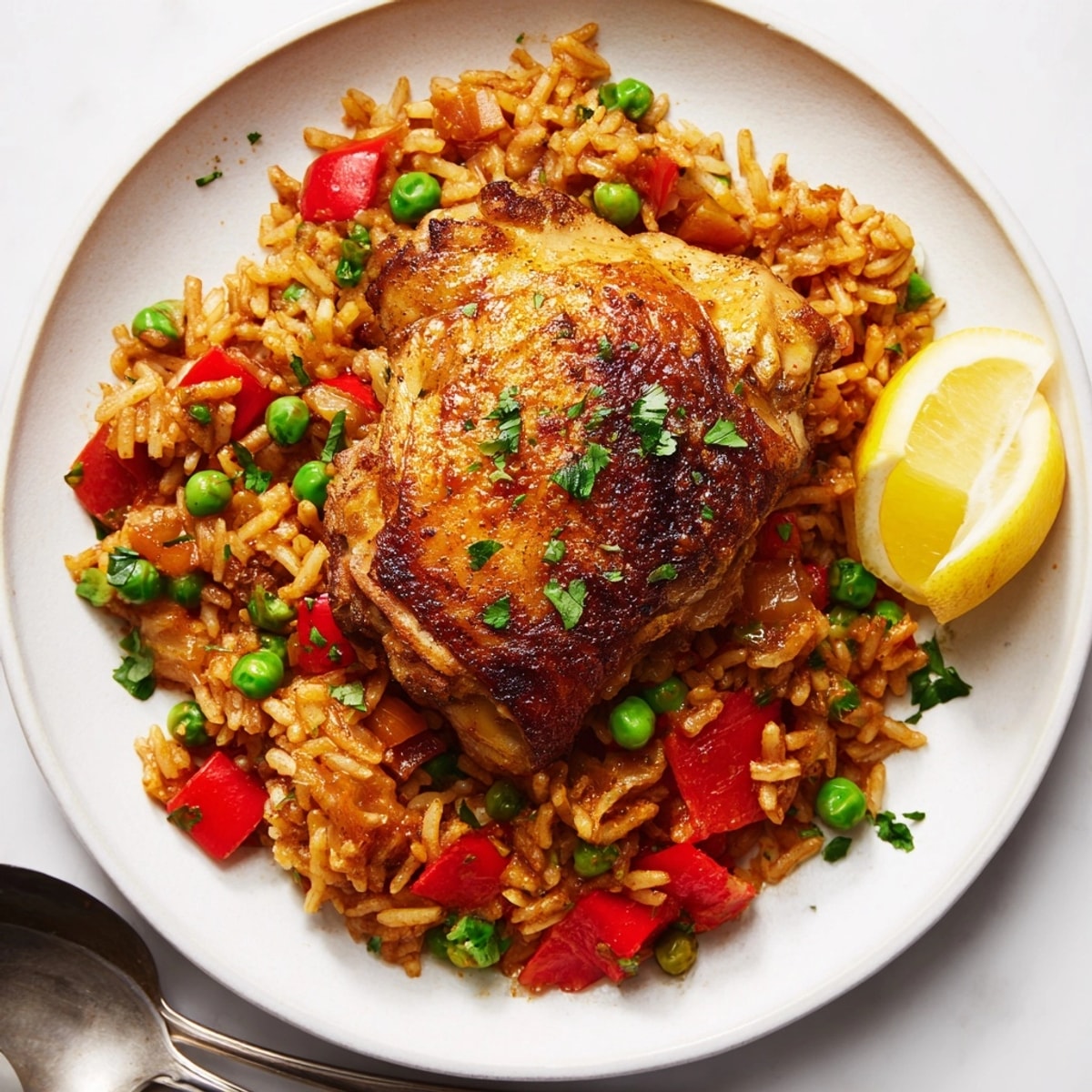 Deléitese con la sencilla receta de pollo y arroz español, una comida abundante y colorida.