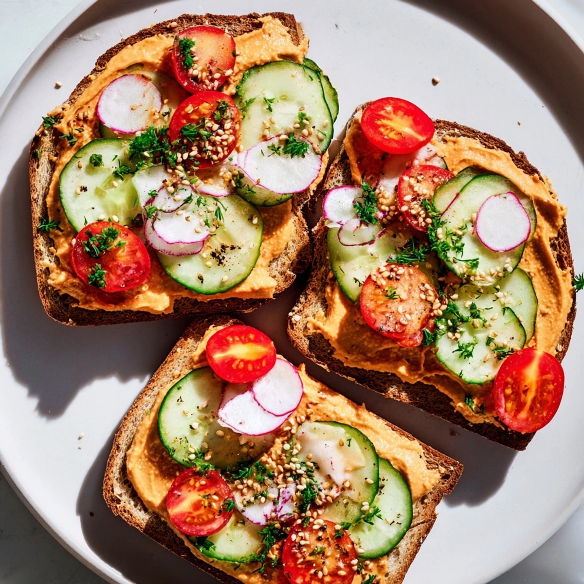 Disfrutando de apetitosas tostadas con hummus de pimiento rojo asado: ¡un delicioso aperitivo vegano!