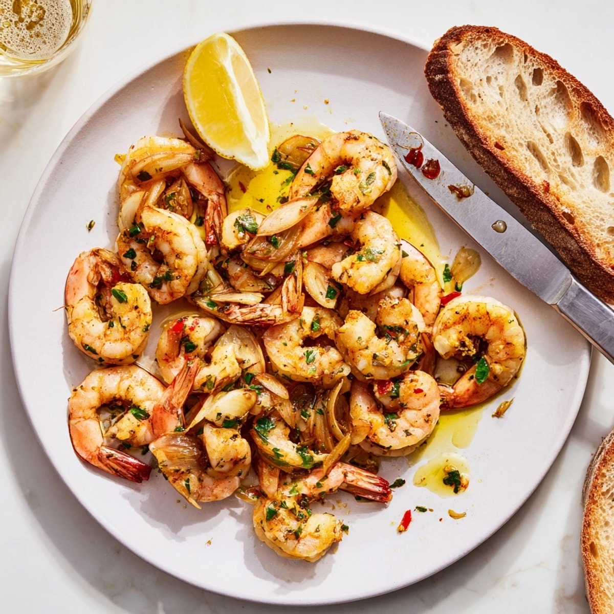 Sartén de camarones al ajillo: camarones jugosos en aceite de ajo con perejil fresco.