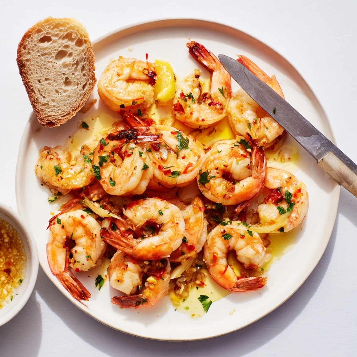 Receta de sartén de camarones al ajillo: camarones dorados, guindilla vibrante, servido caliente con pan rústico.