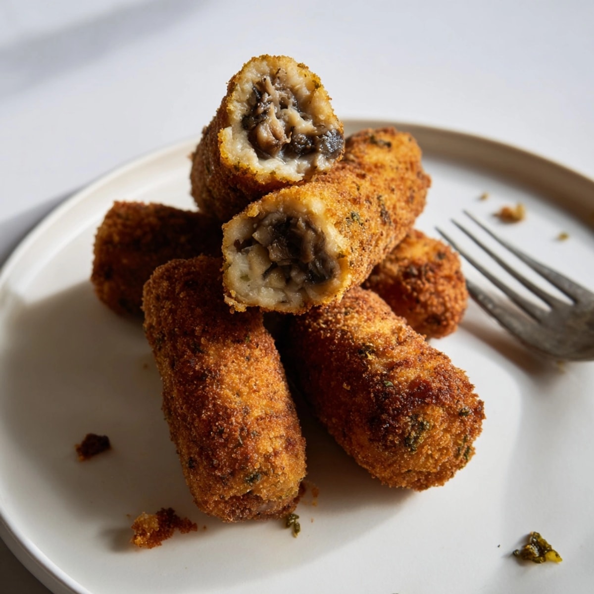 Crujientes croquetas de hongos porcini recién fritas, listas para servir con una salsa sabrosa.