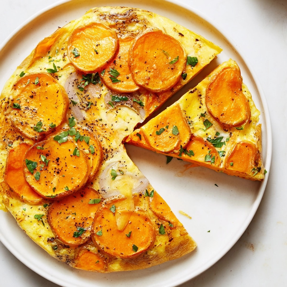 Vista cercana de Sweet Potato Tortilla Española dorada, acompañada de perejil fresco y humeante.