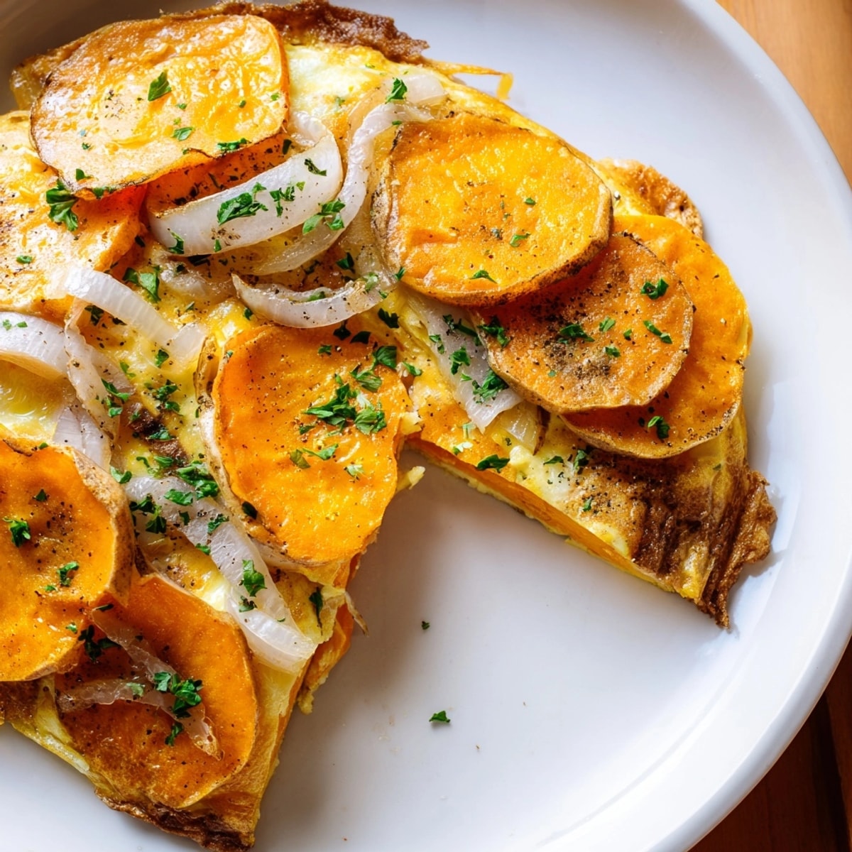 Preparando una Sweet Potato Tortilla Española en la sartén, con papas y cebollas caramelizadas entre huevos batidos.