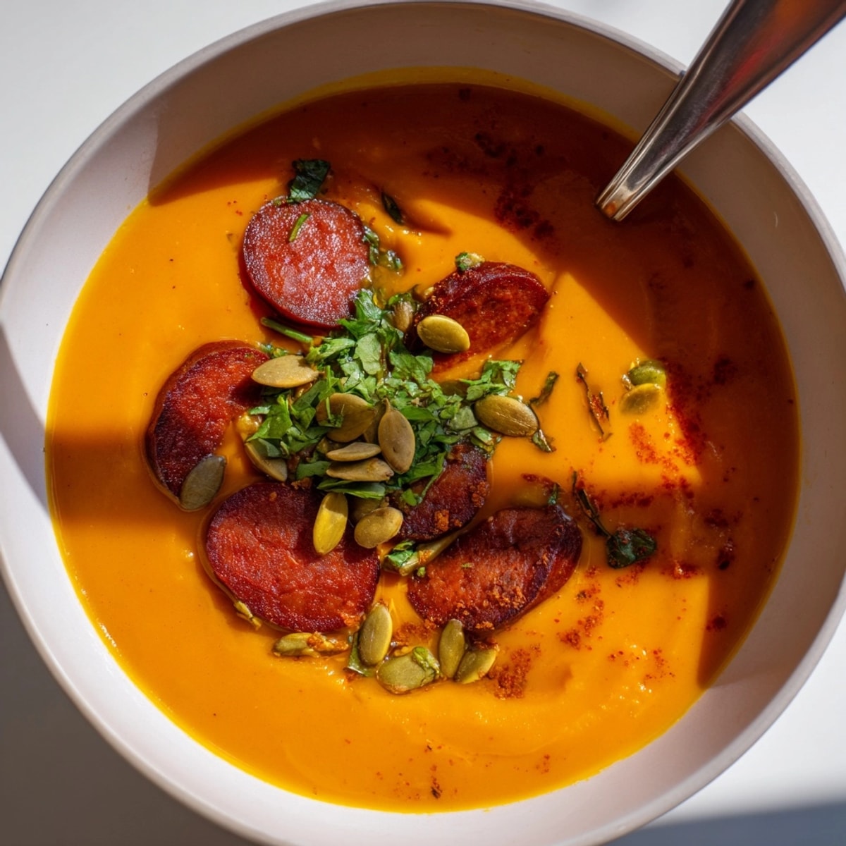 Sopa cremosa de calabaza con chorizo ahumado, perfecta para una noche fría con pan crujiente.