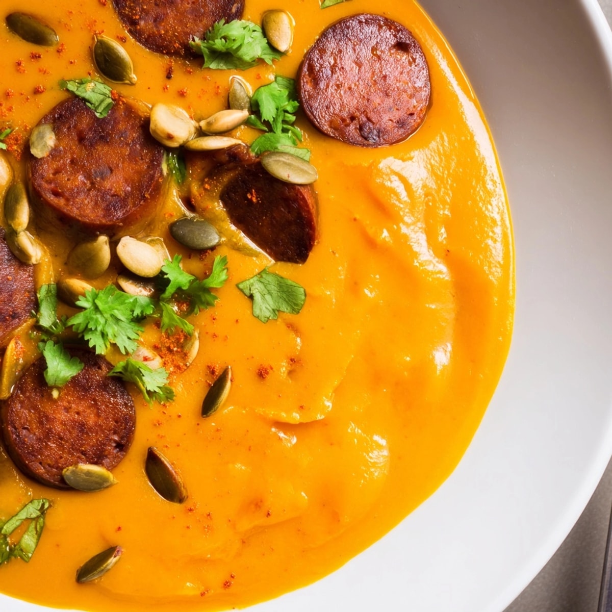 La Sopa de calabaza con chorizo ahumado, mezcla sabores dulces y salados en una crema reconfortante.