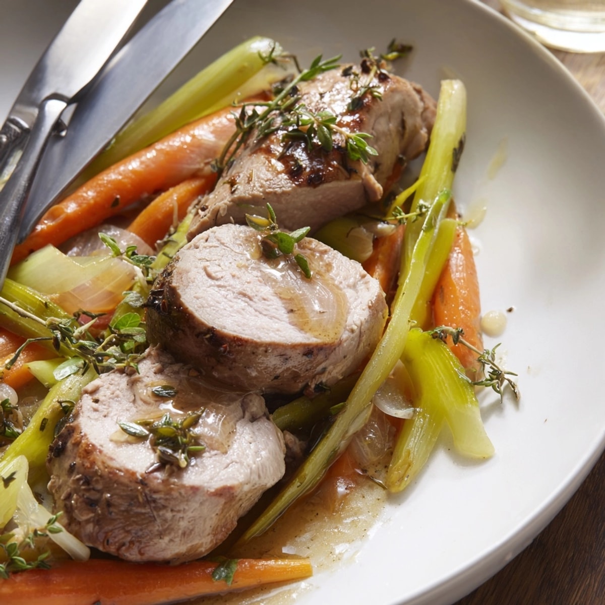 Sherry-Braised Pork Tenderloin listo para servir, con verduras tiernas y una salsa rica.