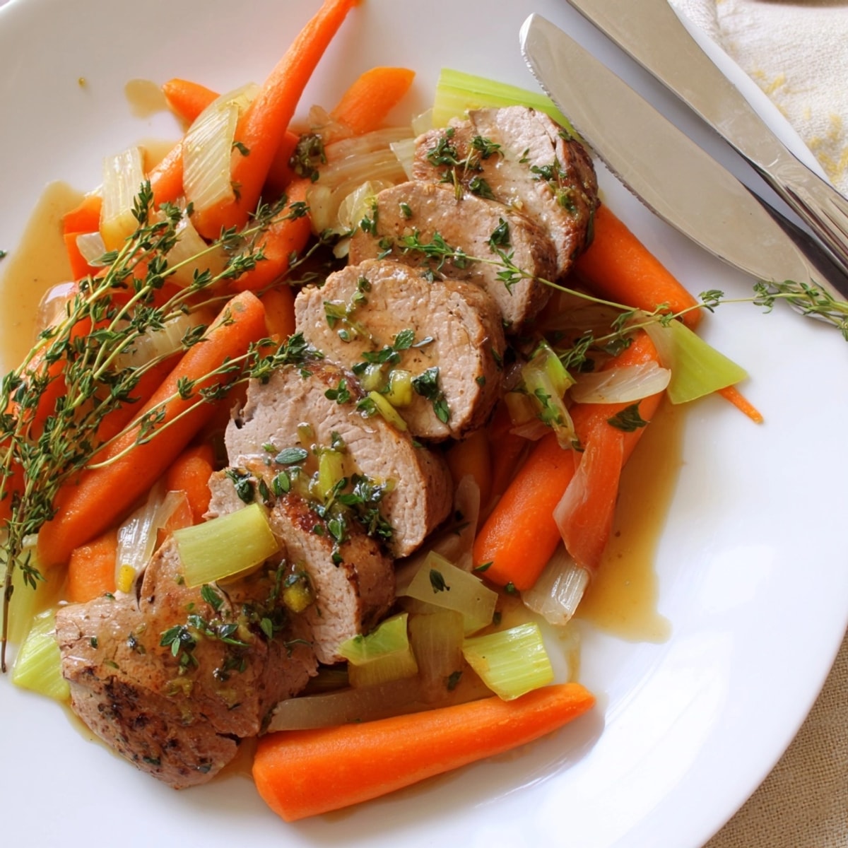 Jugosas lonchas de Sherry-Braised Pork Tenderloin descansan sobre zanahorias y cebollas caramelizadas.
