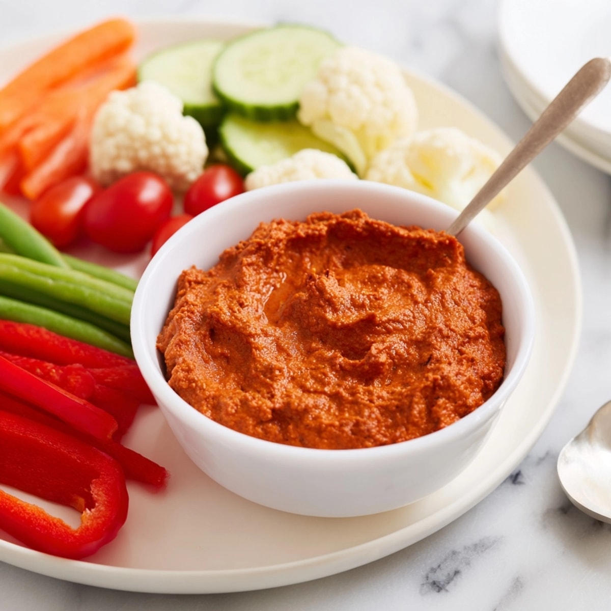 Delicioso romesco español casero listo para mojar con un plato de crudités vibrantes.