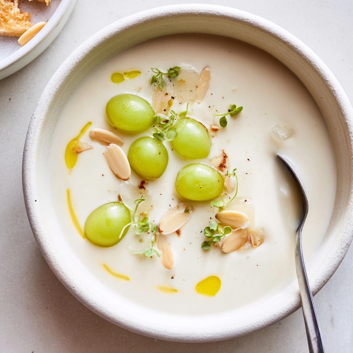 Remolino cremoso de sopa tradicional Ajo Blanco de Almendras, invitando a un sorbo fresco.
