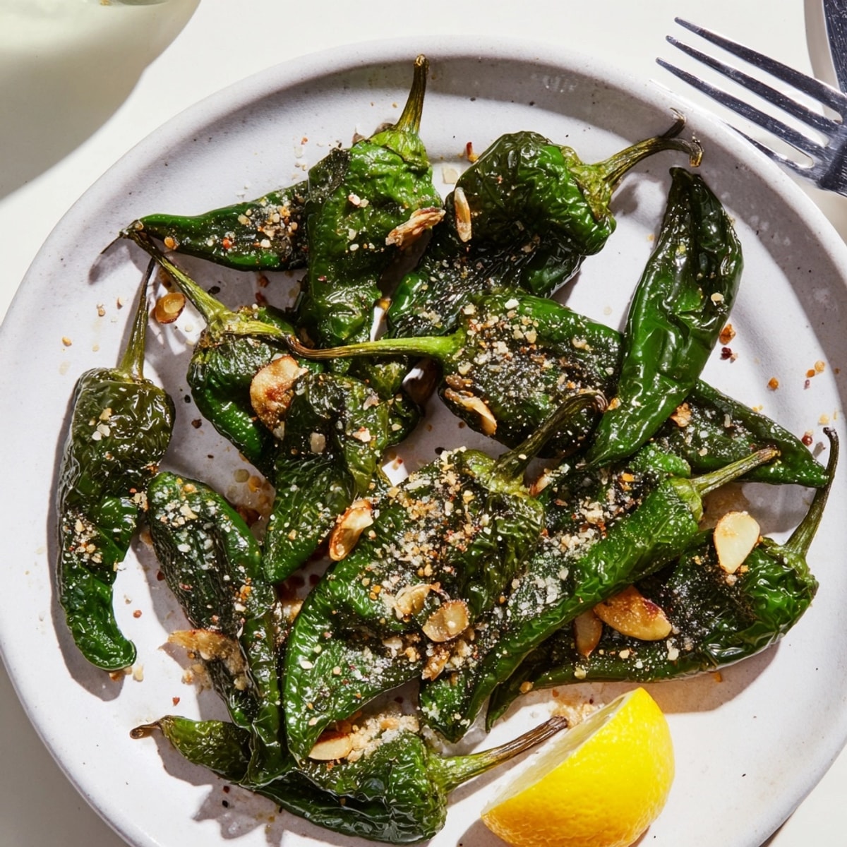 Pimientos de Padrón asados con ajo dorado, un sabor ahumado y sal marina.
