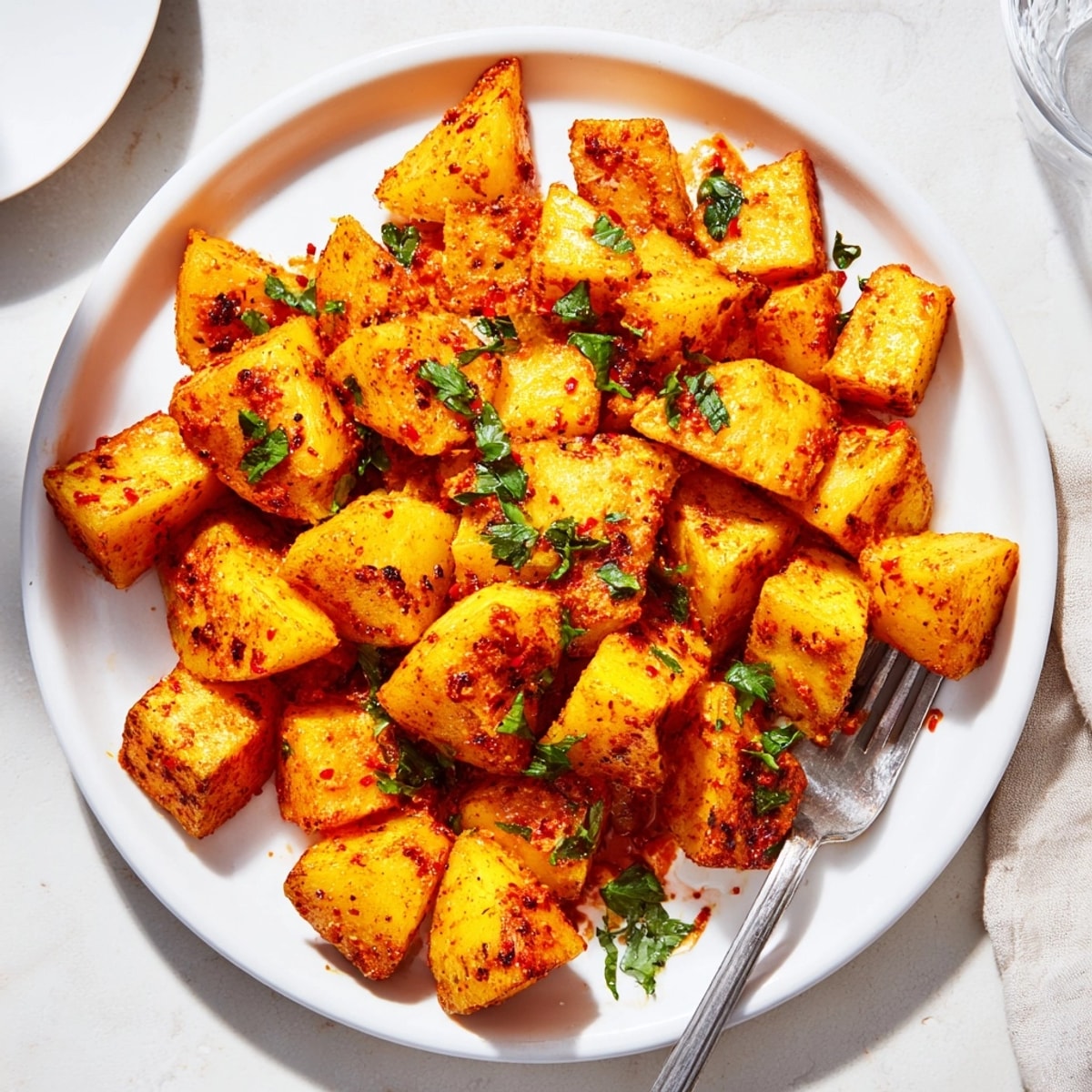 Deliciosas patatas bravas con hierbas, asadas a la perfección y cubiertas con hierbas frescas.