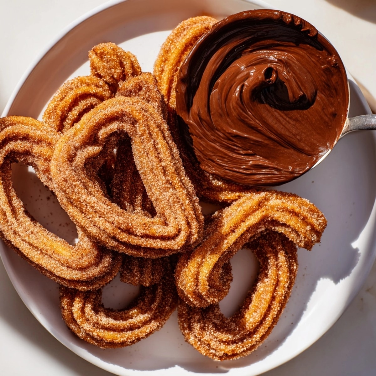 Crujientes churros dorados servidos con un rico y especiado chocolate de calabaza.